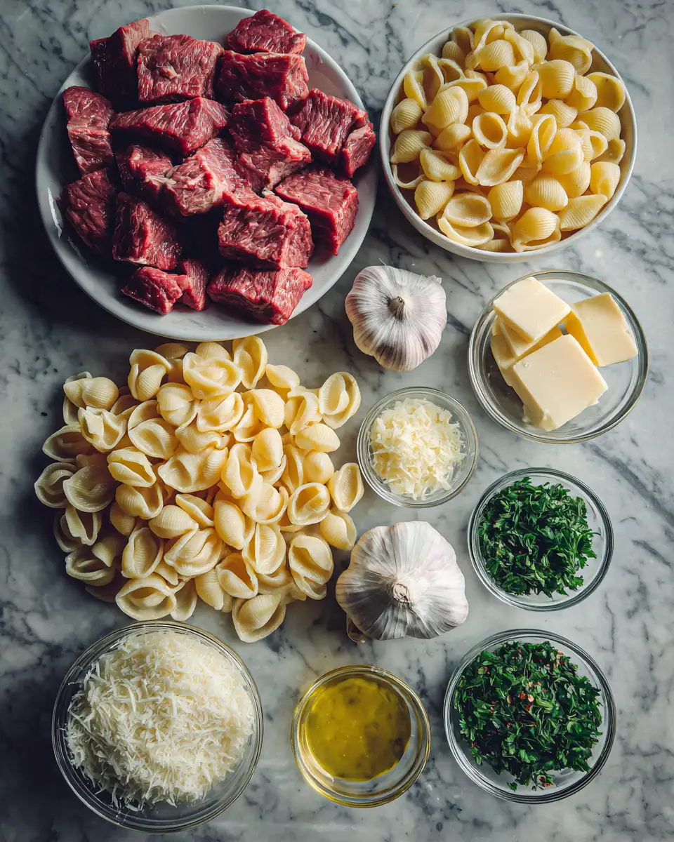 Ingredients for Sizzling Garlic Butter Steak Bites Meet Dreamy Shell Pasta