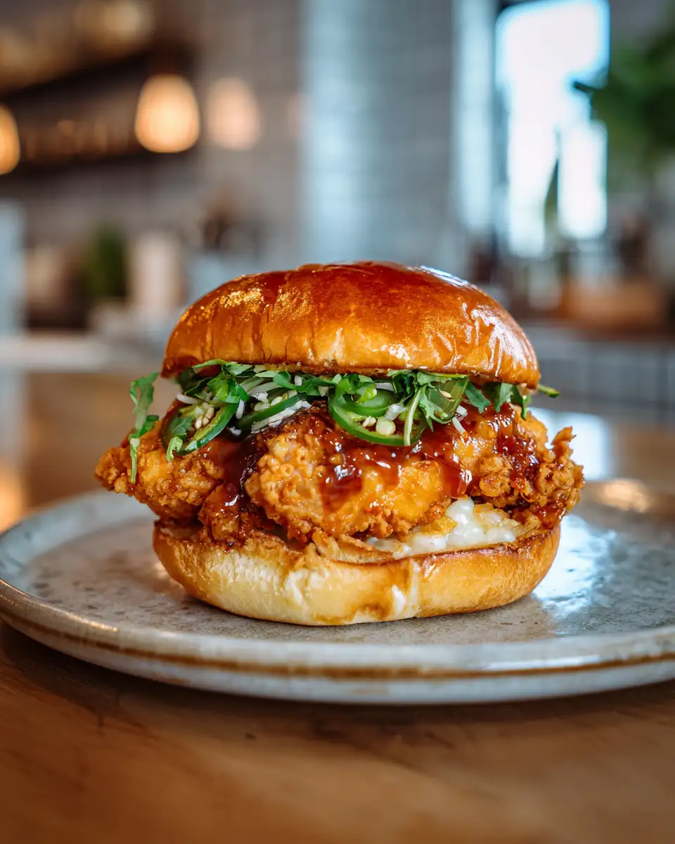 Spice Meets Sweet: Jalapeno Honey Drenched Crispy Fried Chicken Sandwich Delight 6 Final dish - Spice Meets Sweet: Jalapeno Honey Drenched Crispy Fried Chicken Sandwich Delight