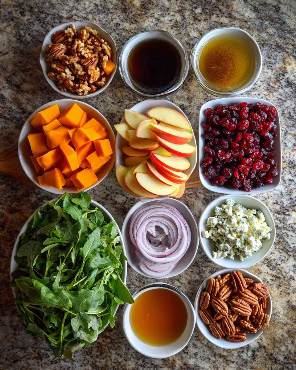Ingredients for Crisp and Colorful Autumn Harvest Salad with Apple Cider Vinaigrette