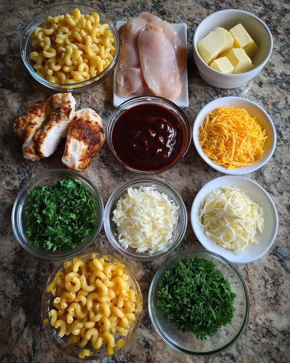 Ingredients for Sizzling BBQ Chicken Mac and Cheese Delight