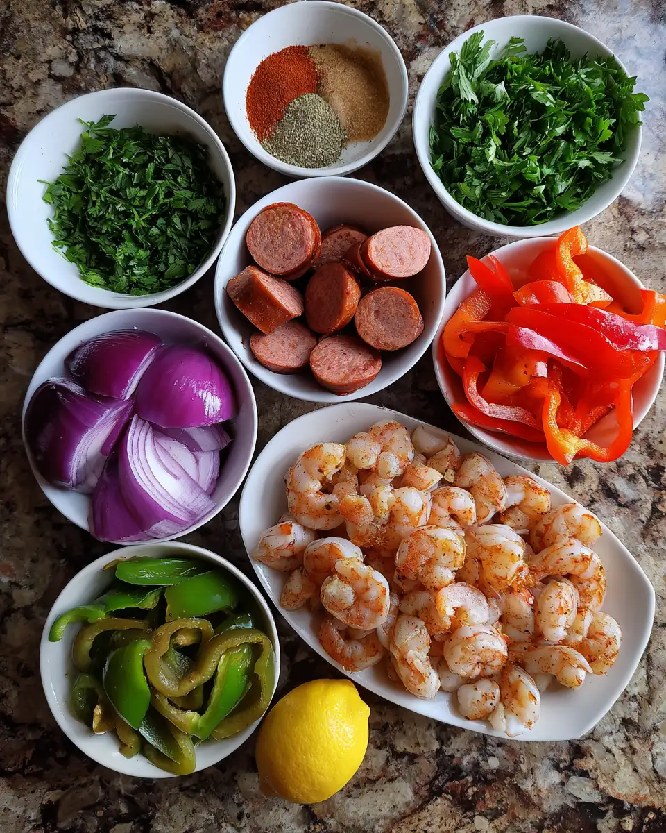 Ingredients for Spice Up Your Dinner with a Cajun Shrimp and Sausage Skillet Sensation