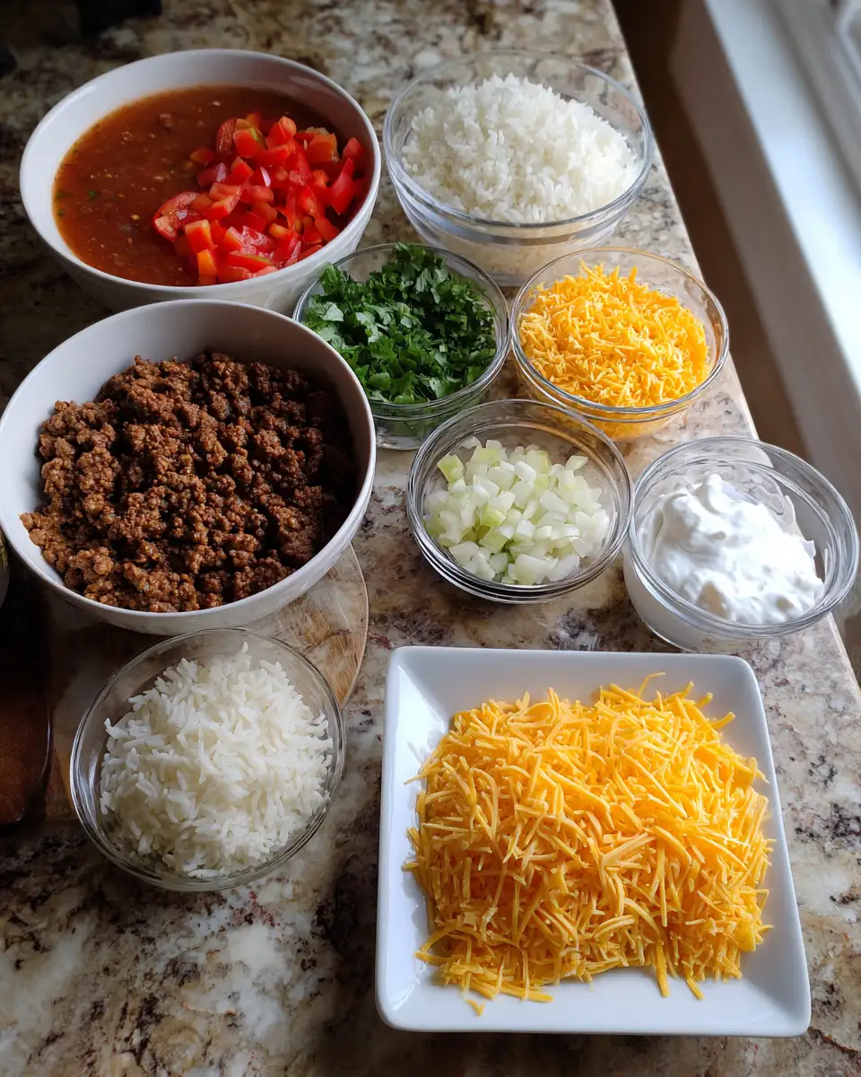 Ingredients for Ultimate Comfort: Cheesy Beef and Rice Casserole Delight