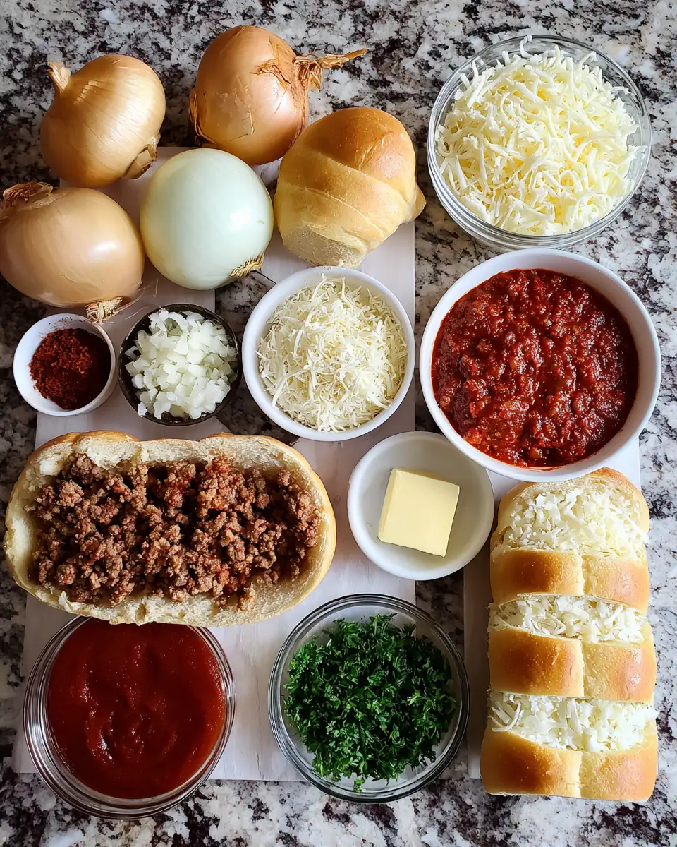Ingredients for Ultimate Cheesy Garlic Bread Sloppy Joe Melts Extravaganza