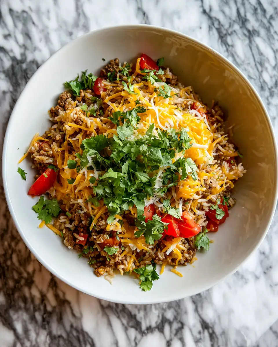Ingredients for One-Pan Wonder: Cheesy Ground Beef and Rice Skillet Delight