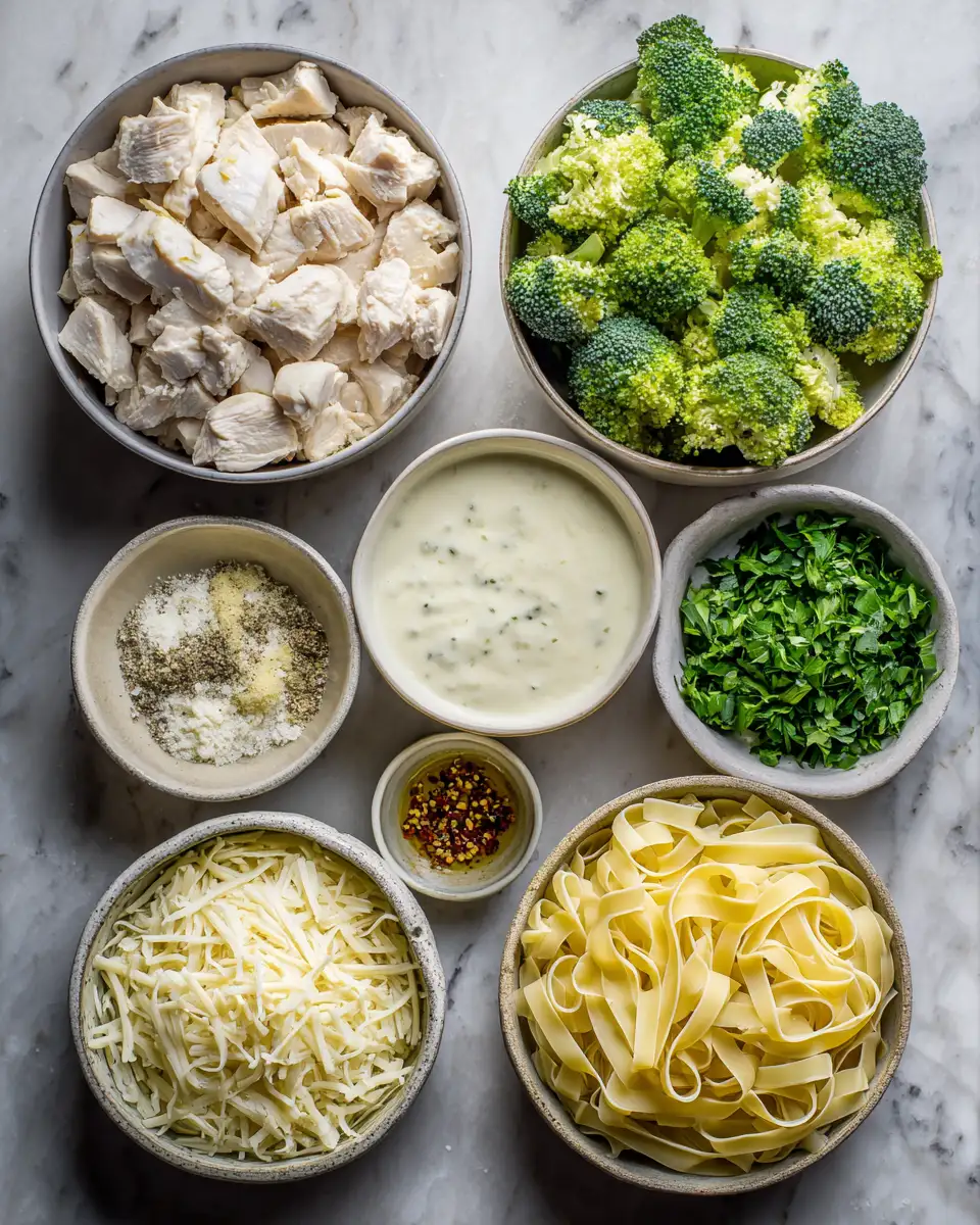 Ingredients for Creamy Chicken and Broccoli Alfredo Bake: A Comfort Food Classic Reimagined