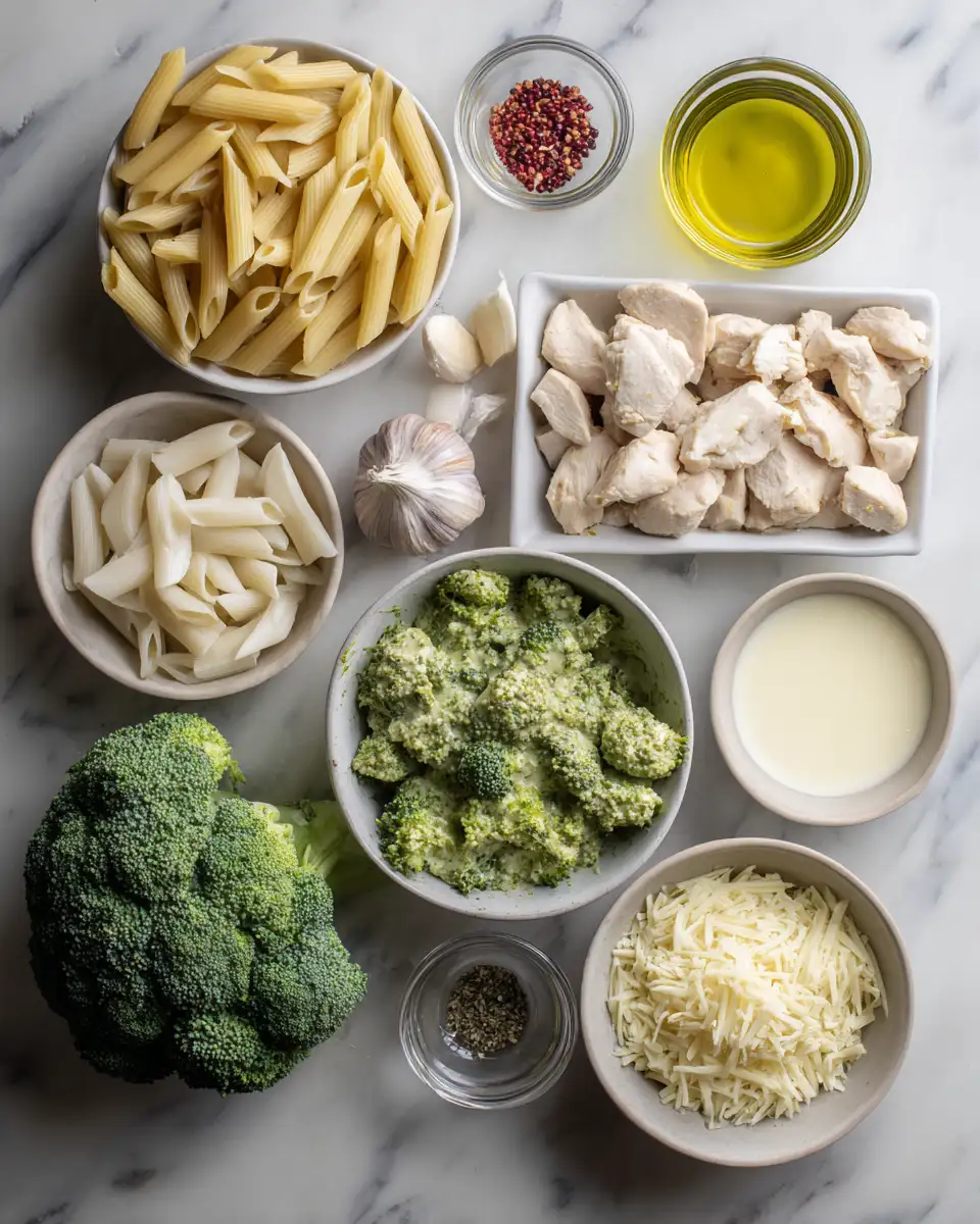 Ingredients for Irresistibly Delicious: Creamy Pesto Chicken and Broccoli Pasta Bake Delight