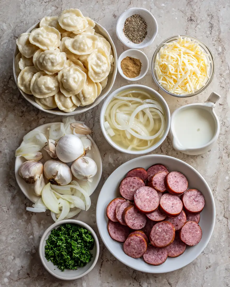 Ingredients for Comfort in a Dish: Irresistible Crockpot Pierogi Casserole With Kielbasa