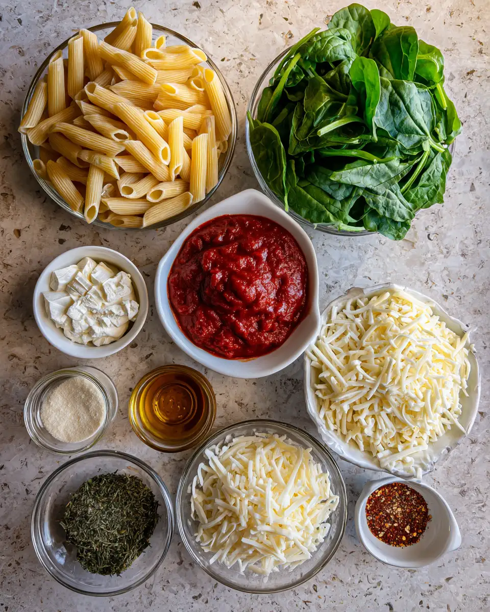 Ingredients for Cheesy Spinach Ricotta Pasta Bake: Your Next Comfort Food Delight
