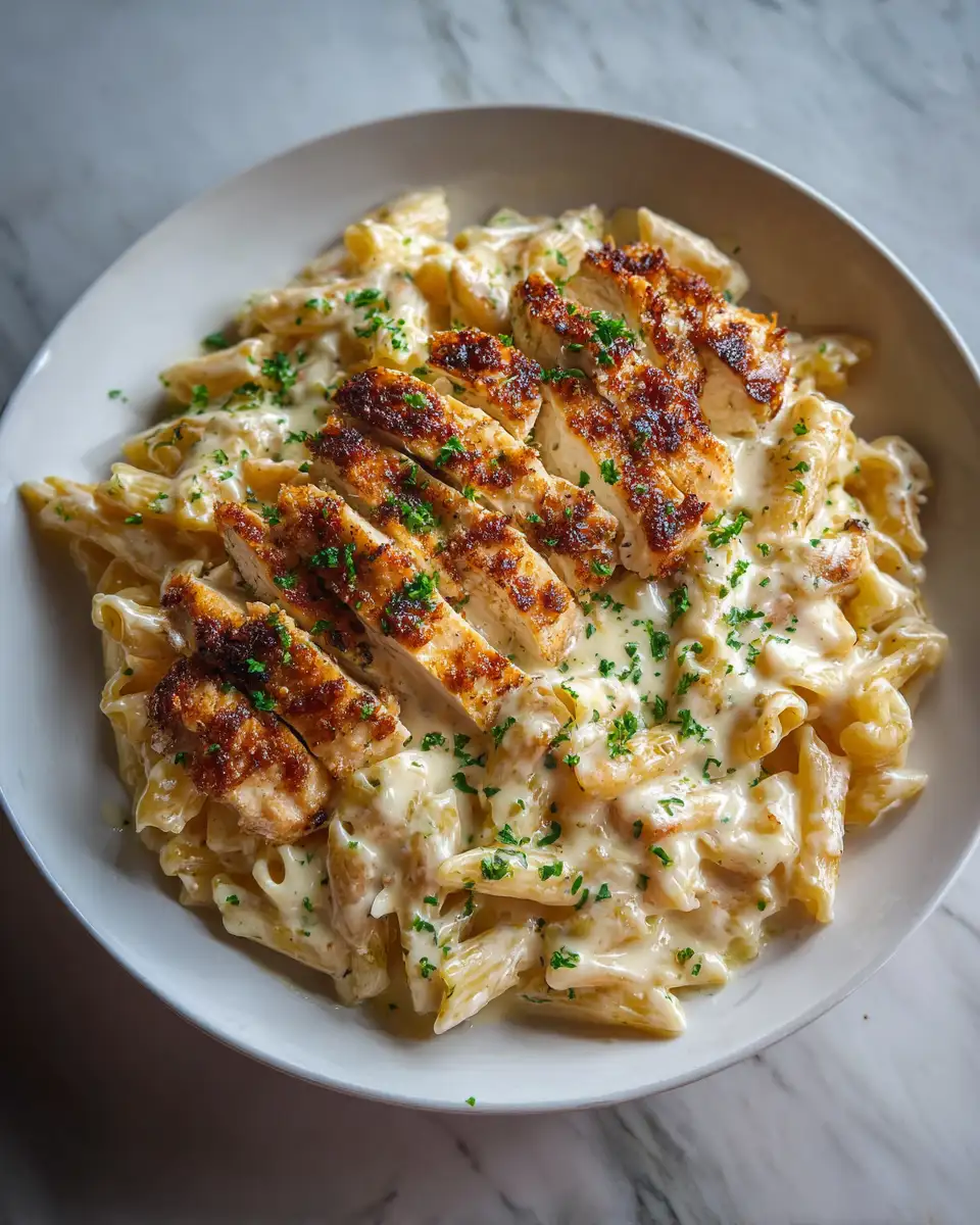 Final dish - Creamy Comfort: Irresistible Baked Chicken Alfredo Pasta Delight