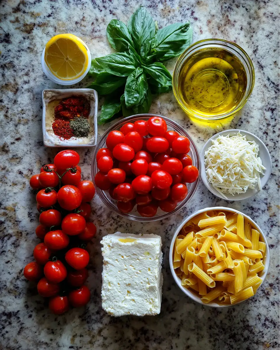Ingredients for Irresistibly Creamy Baked Feta Pasta with Cherry Tomatoes: A Flavor Explosion