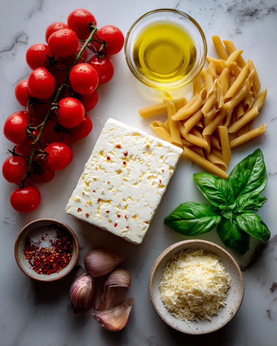Ingredients for Irresistible Baked Feta Pasta with Cherry Tomatoes: Your Next Go-To Comfort Dish