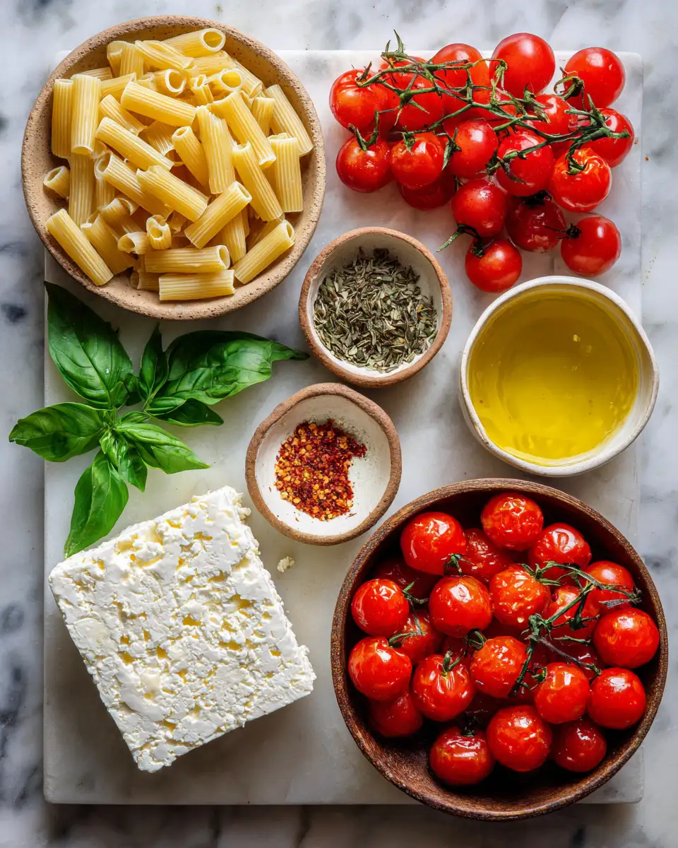 Ingredients for Creamy Baked Feta Pasta with Cherry Tomatoes: A Deliciously Easy Weeknight Meal