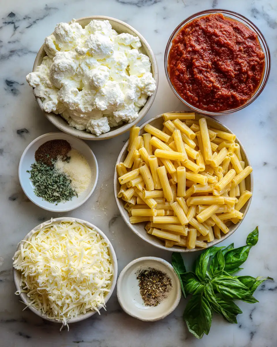 Ingredients for Ultimate Comfort: Baked Ziti with Ricotta and Mozzarella Delight