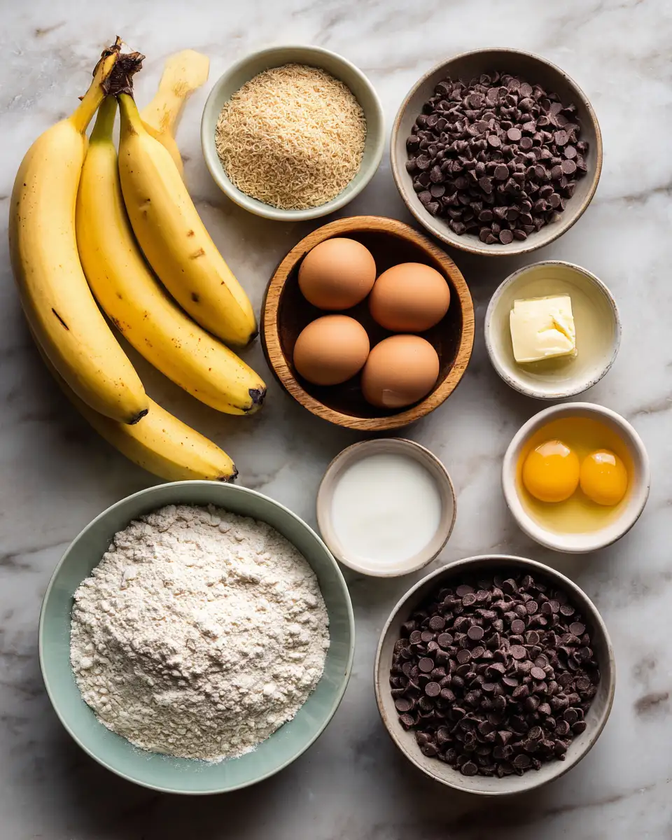 Ingredients for Irresistibly Moist Banana Bread with Decadent Chocolate Chips