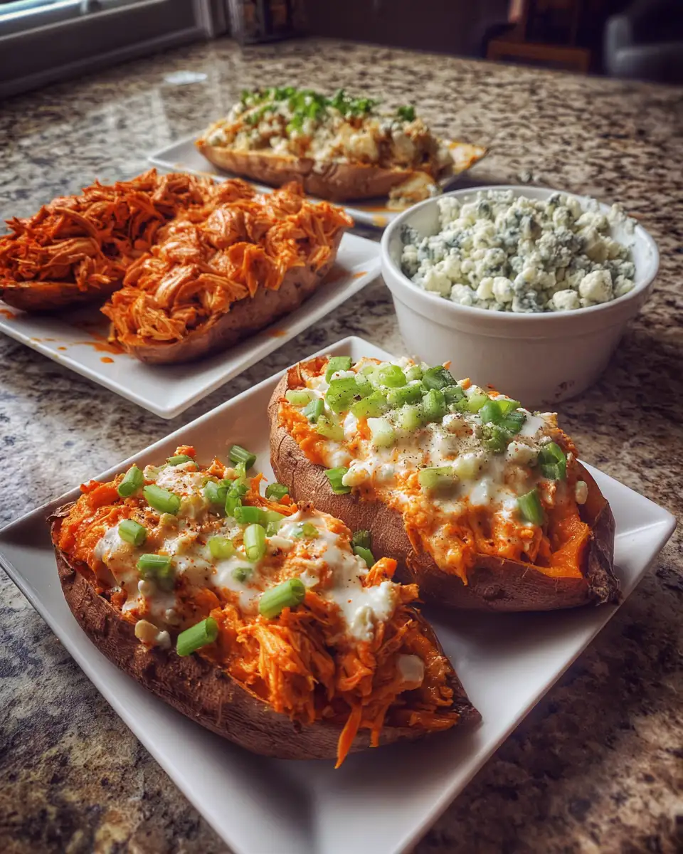 Ingredients for Spicy Meets Sweet: Buffalo Chicken Stuffed Sweet Potatoes Explode with Flavor