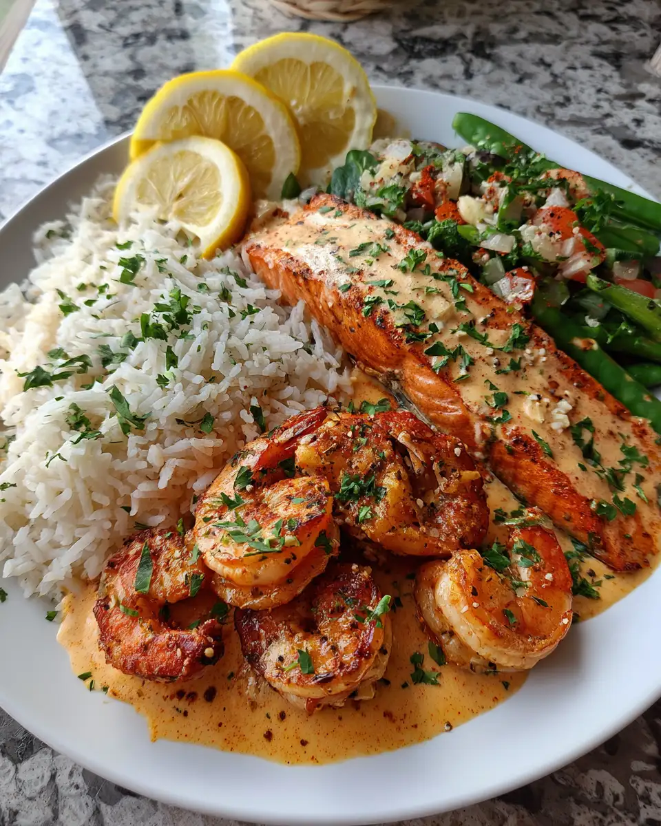 Final dish - Spice Up Your Dinner with Cajun Shrimp and Salmon in a Luscious Garlic Cream Sauce