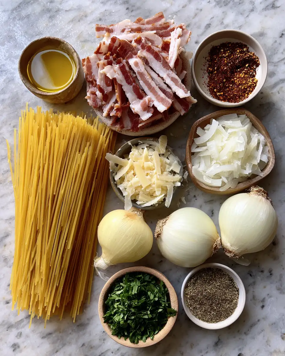 Ingredients for Indulge in the Ultimate Comfort: Caramelized Onion Pasta with Bacon Bliss