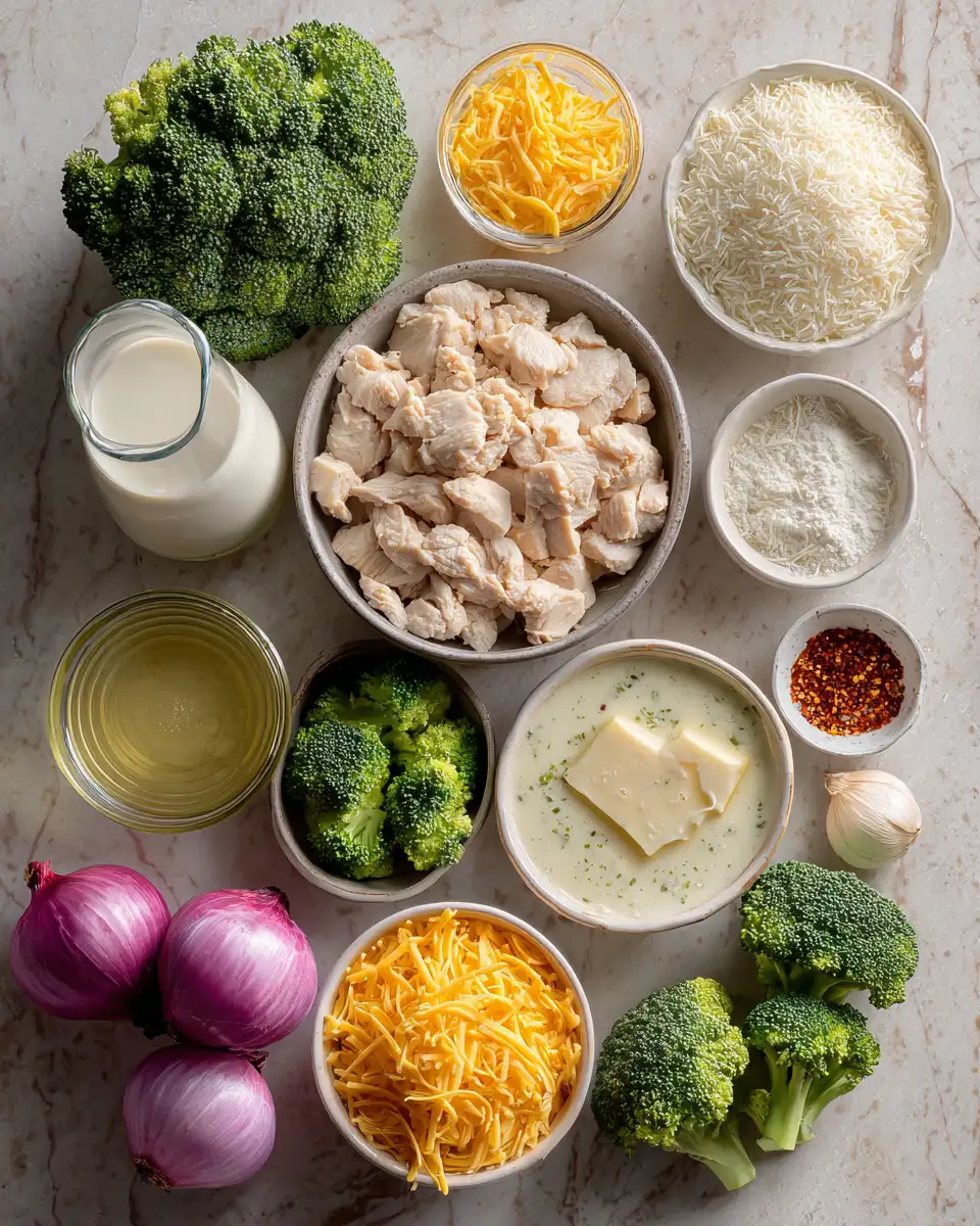 Ingredients for The Ultimate Comfort: Cheesy Broccoli Chicken Bake Delight