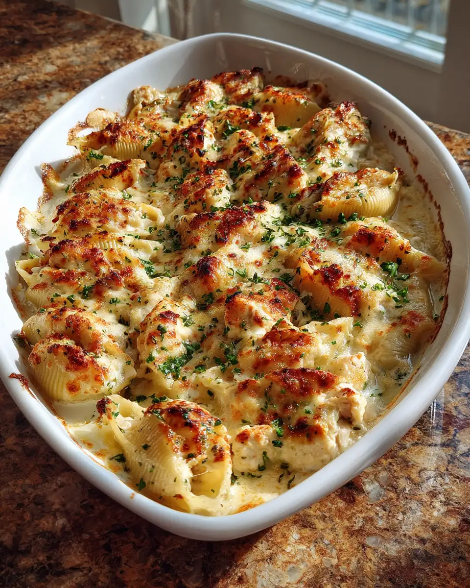 Final dish - Irresistible Cheesy Chicken Alfredo Stuffed Shells for a Comforting Dinner Delight