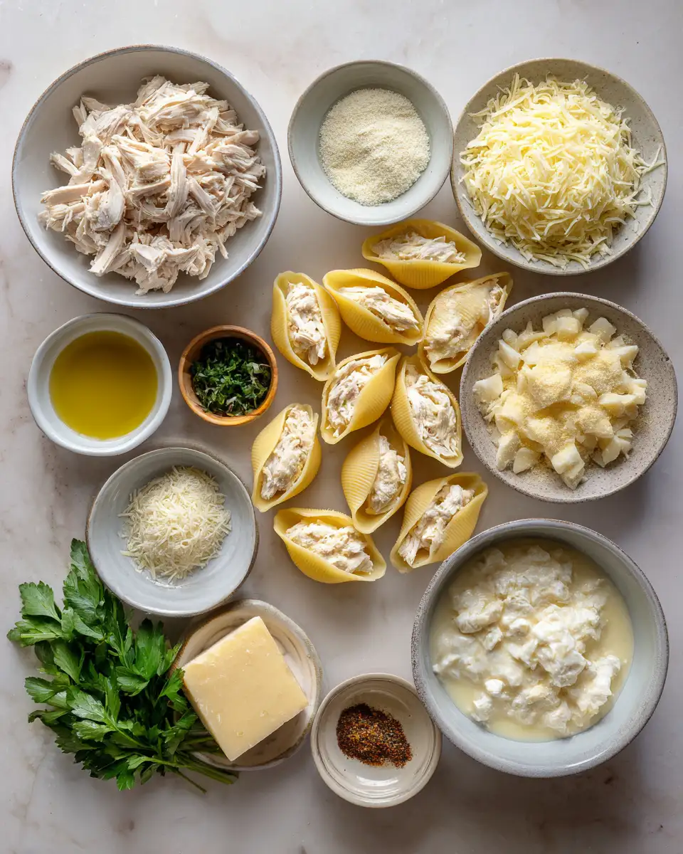 Ingredients for Irresistible Cheesy Chicken Alfredo Stuffed Shells for a Comforting Dinner Delight