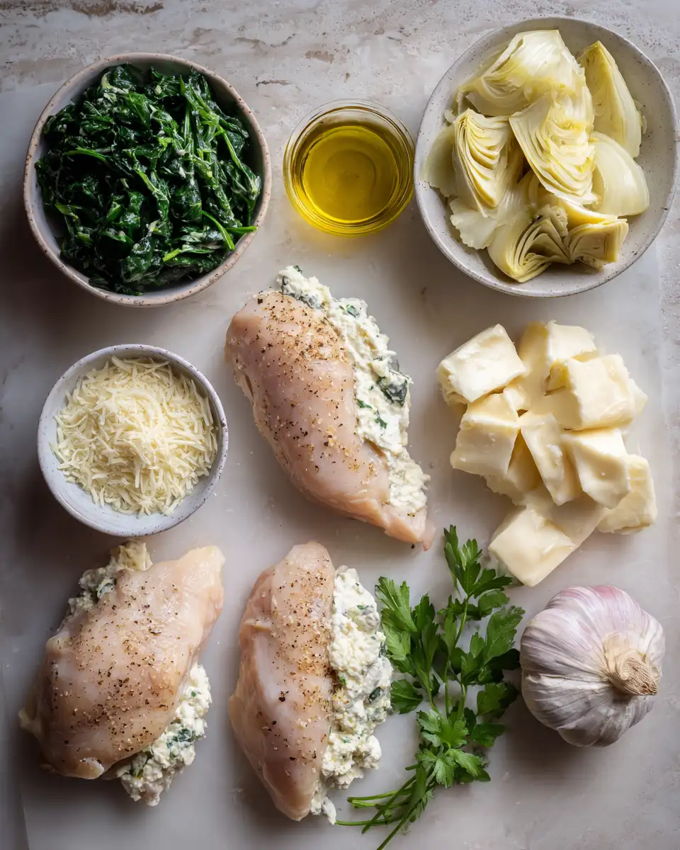 Ingredients for Irresistible Cheesy Spinach and Artichoke Stuffed Chicken Delight