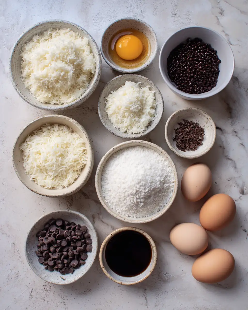Ingredients for Decadent Coconut Macaroons Drizzled with Dark Chocolate Bliss