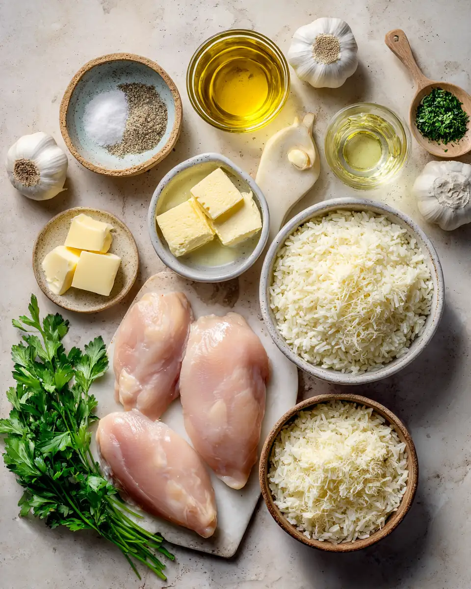 Ingredients for Indulge in Decadence: Creamy Garlic Butter Chicken with Parmesan Rice