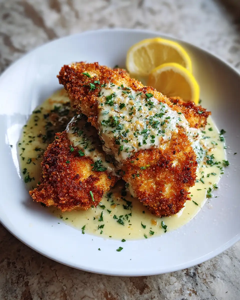 Final dish - Savor Every Bite of Crispy Parmesan Crusted Chicken with Creamy Garlic Sauce
