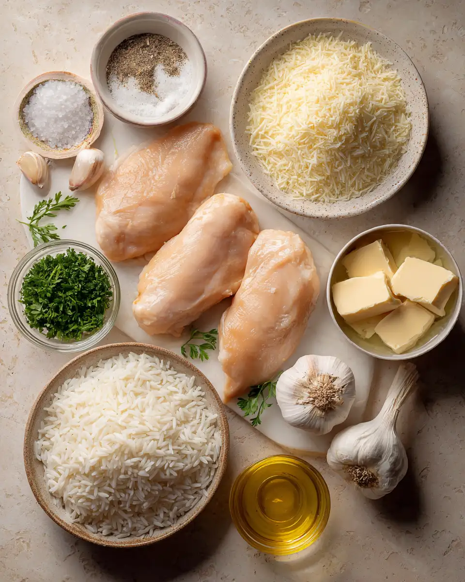 Irresistible Garlic Butter Chicken Meets Creamy Parmesan Rice Bliss 4 Ingredients for Irresistible Garlic Butter Chicken Meets Creamy Parmesan Rice Bliss