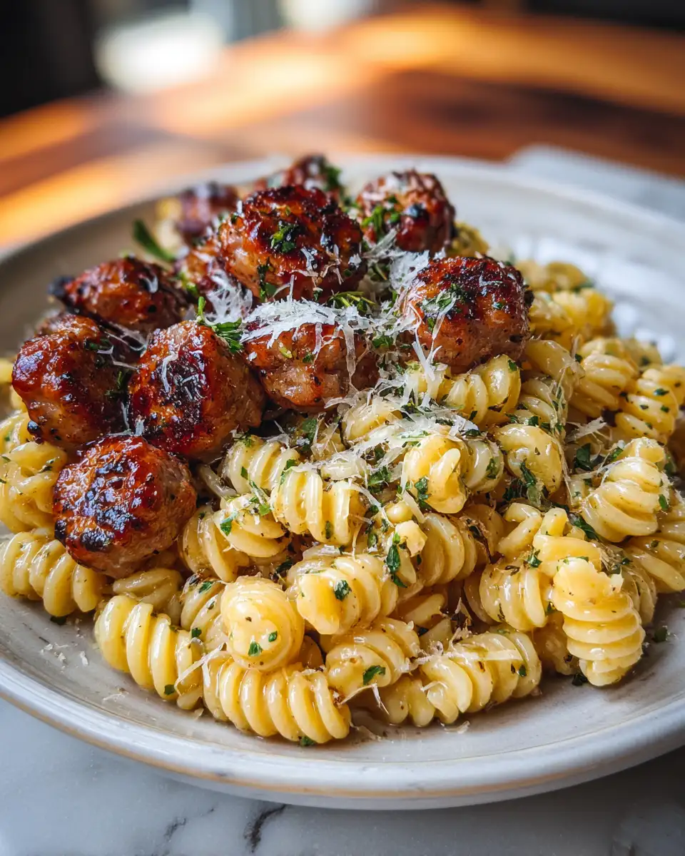 Final dish - Irresistible Garlic Butter Sausage Bites Meet Creamy Pasta Perfection
