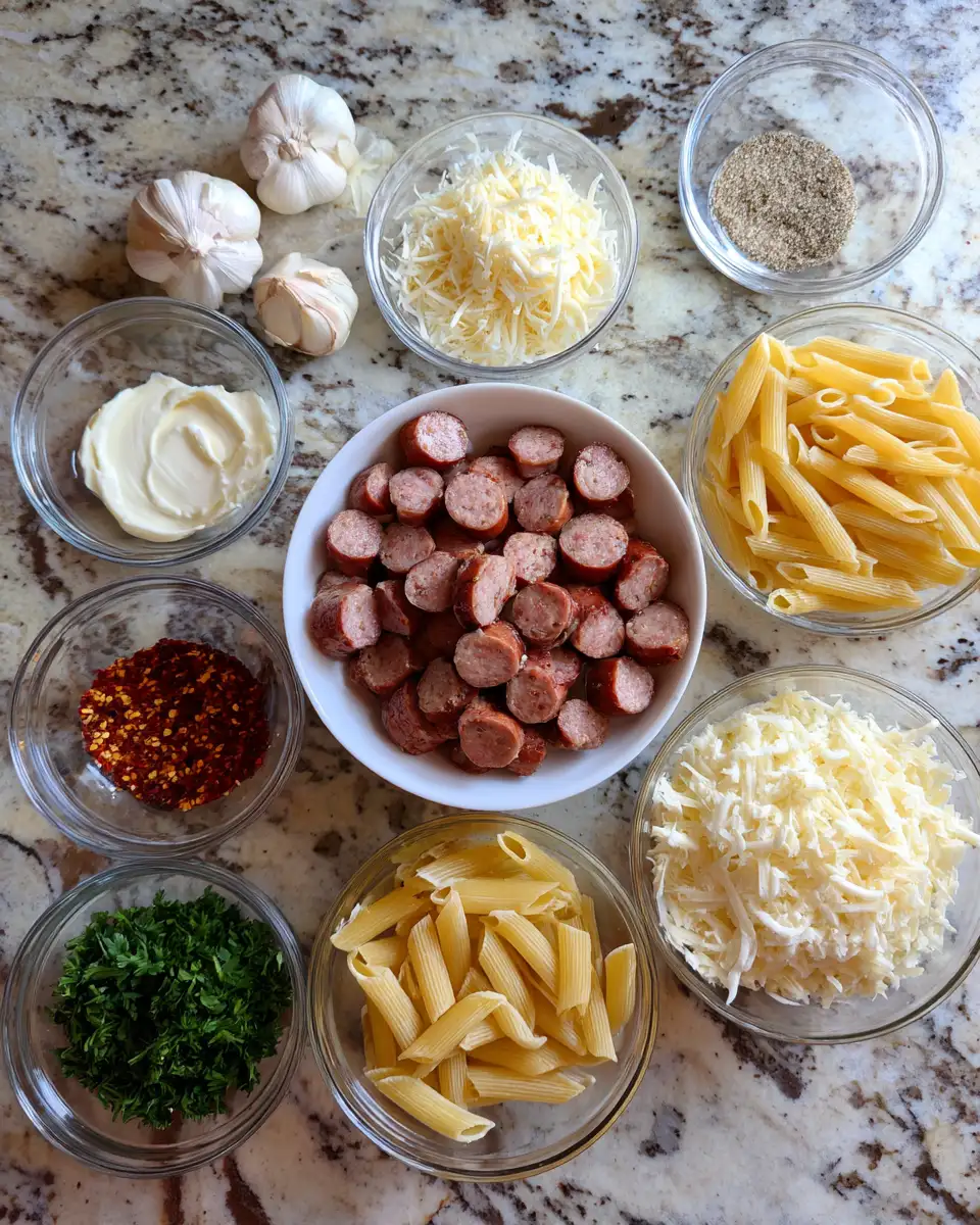 Ingredients for Irresistible Garlic Butter Sausage Bites Meet Creamy Pasta Perfection