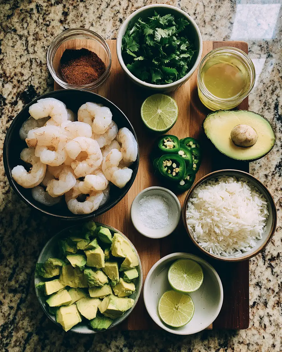 Ingredients for Zesty Garlic Shrimp and Avocado Rice Bowl Bliss