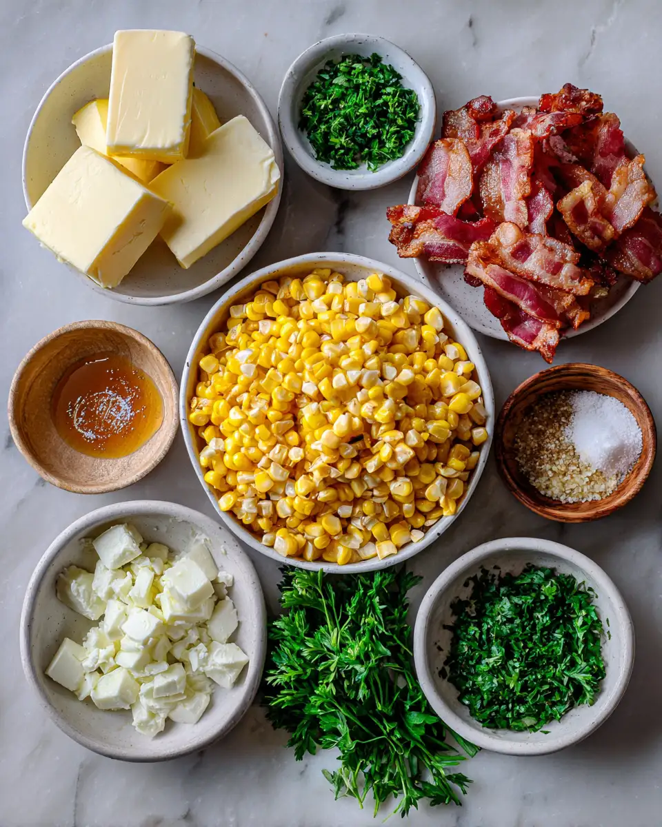 Ingredients for Sizzling Skillet Delight: Honey Butter Corn with Crispy Bacon Magic