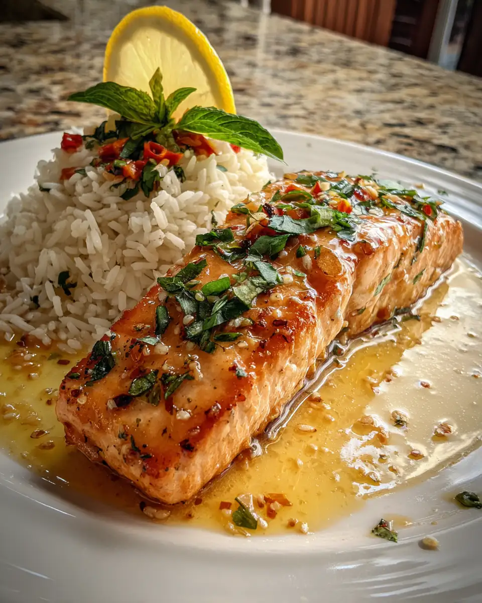 Final dish - Savor the Flavor: Honey Garlic Butter Salmon with Rice Delight