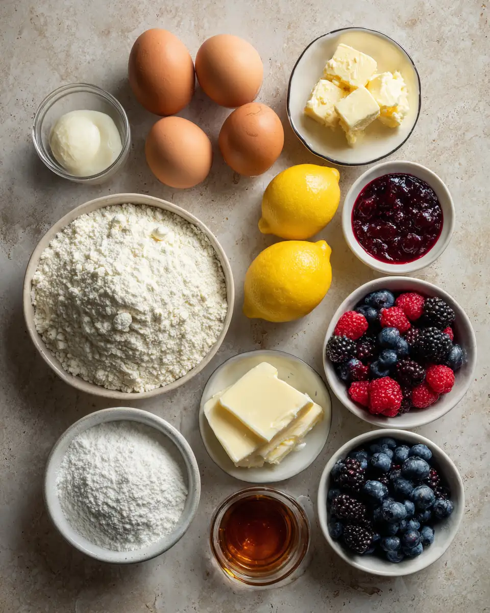 Ingredients for Fluffy Lemon Ricotta Pancakes with Luscious Berry Syrup Delight
