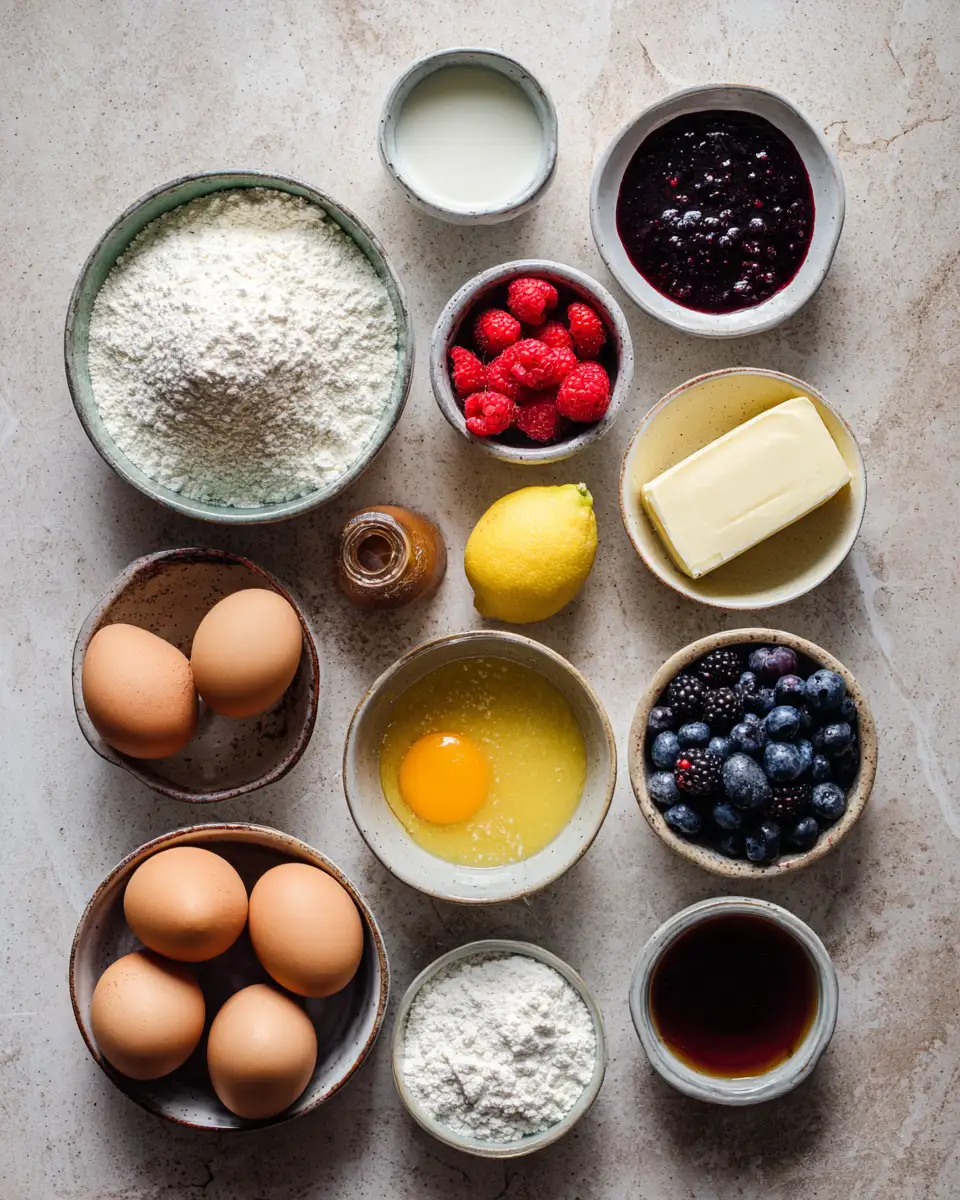Ingredients for Zesty Mornings: Lemon Ricotta Pancakes with Berry Syrup Delight