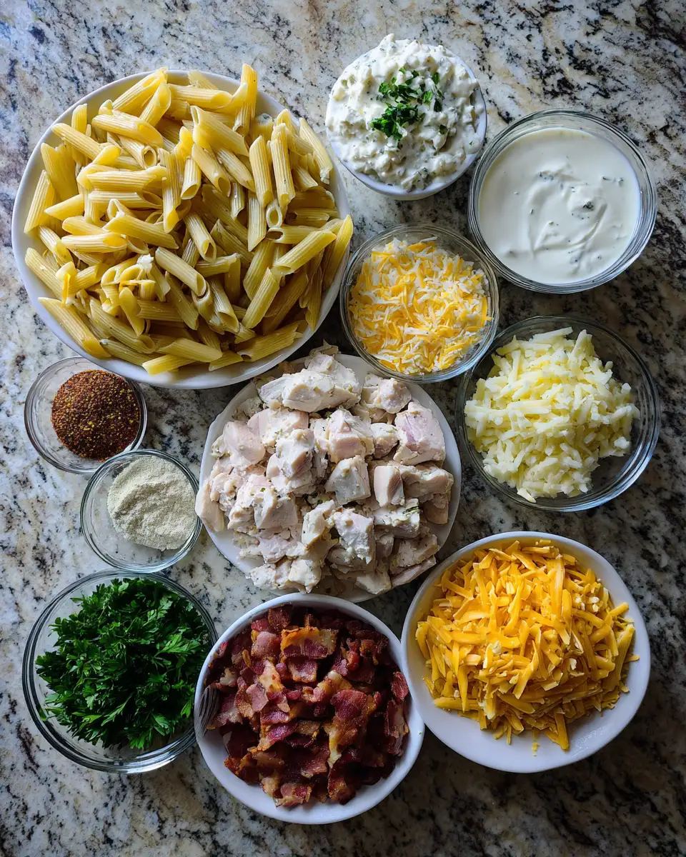 Ingredients for Ultimate Loaded Chicken Bacon Ranch Casserole Delight
