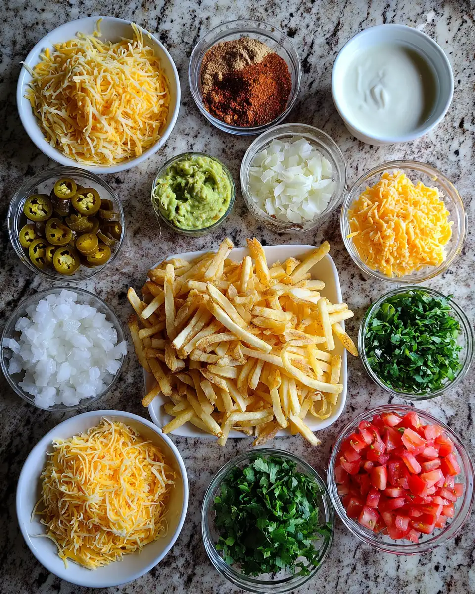 Ingredients for Ultimate Loaded Nacho Cheese Fries Explosion