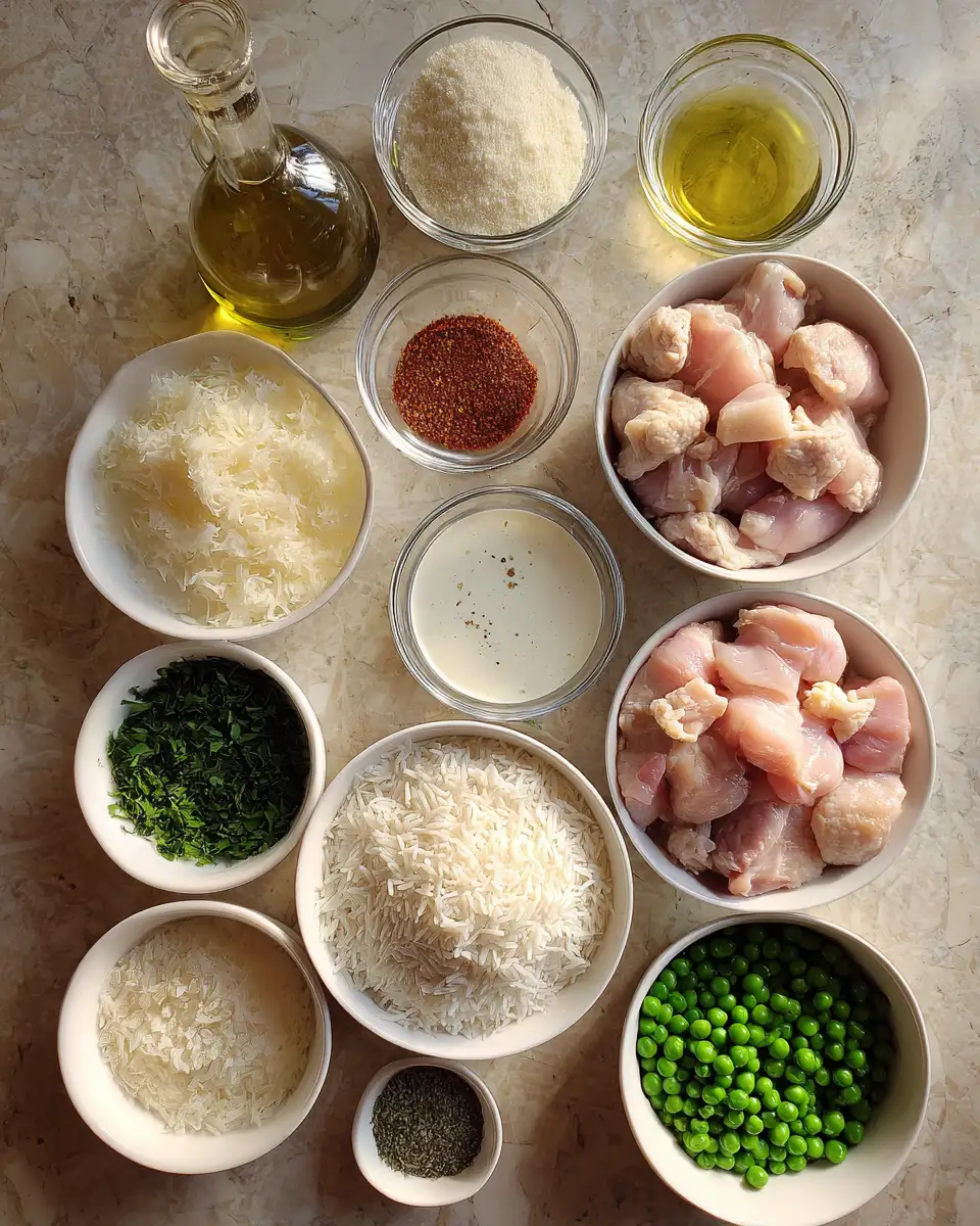 Ingredients for Effortlessly Delicious: One-Pan Creamy Chicken and Rice Magic