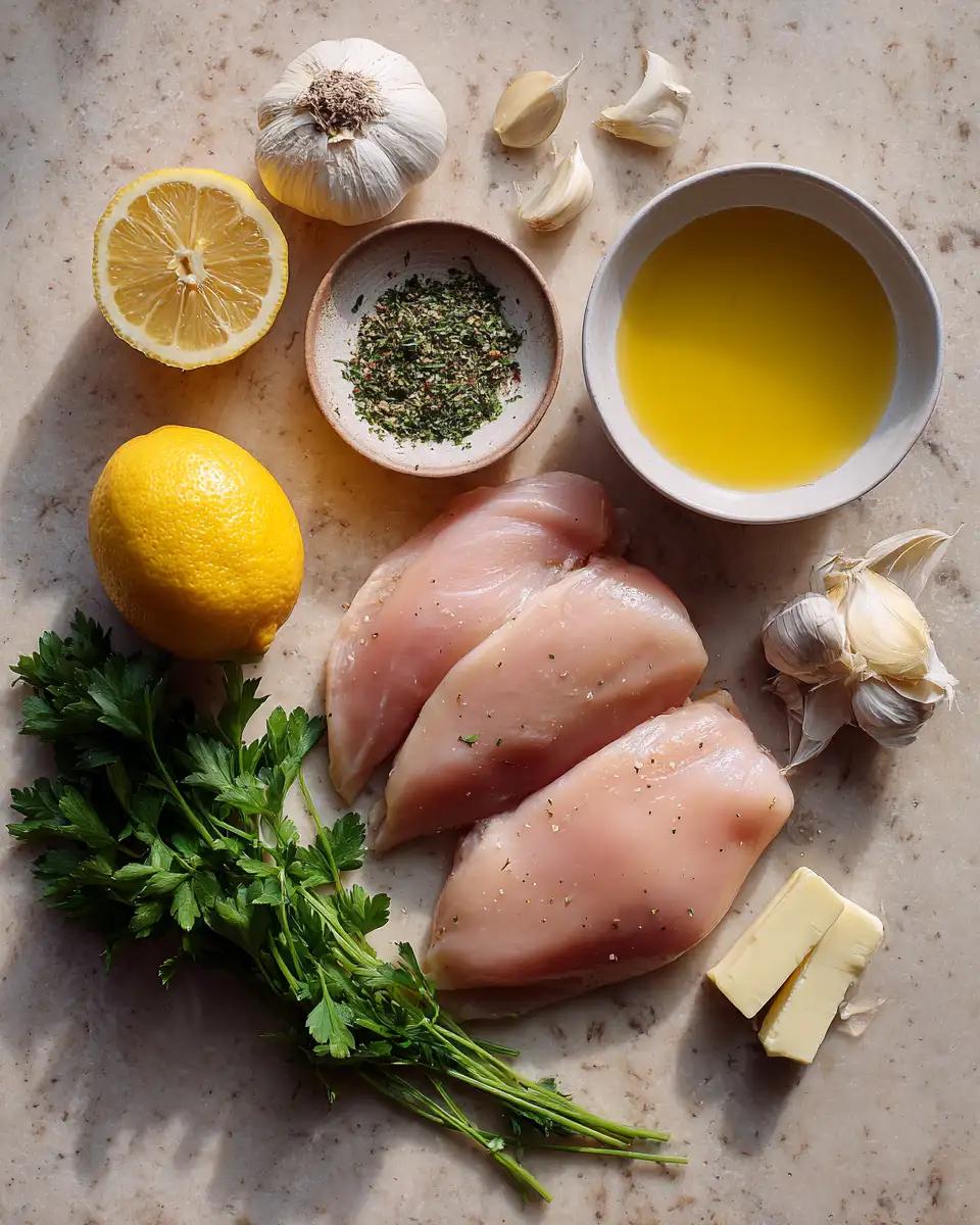 Ingredients for Zesty One-Pan Lemon Garlic Chicken: A Flavorful Dinner in a Flash