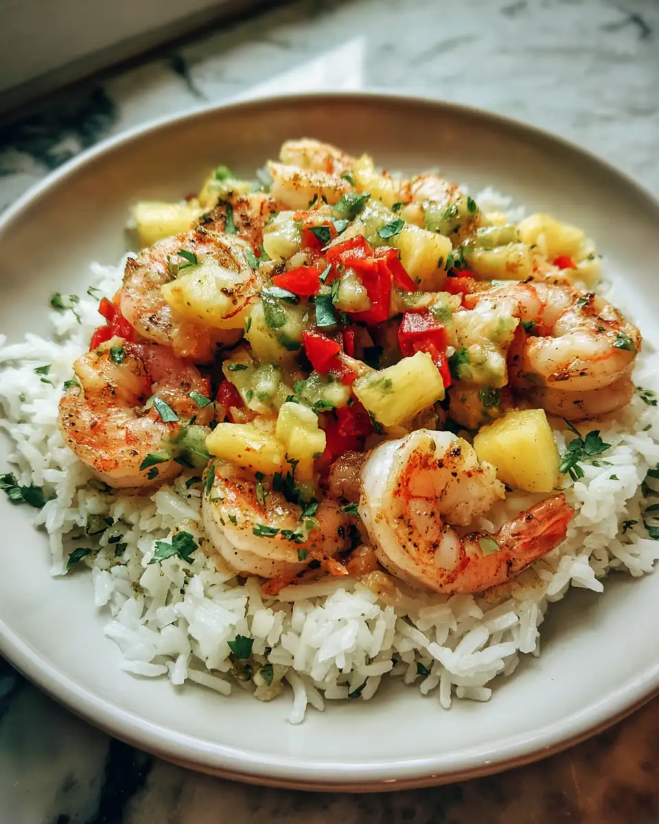 Final dish - Tropical Bliss in a Bowl: Shrimp and Rice with Pineapple Salsa