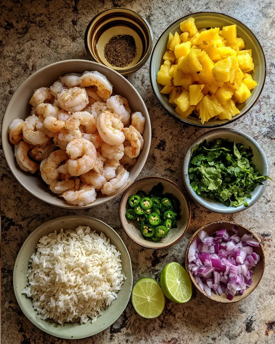 Ingredients for Tropical Bliss in a Bowl: Shrimp and Rice with Pineapple Salsa
