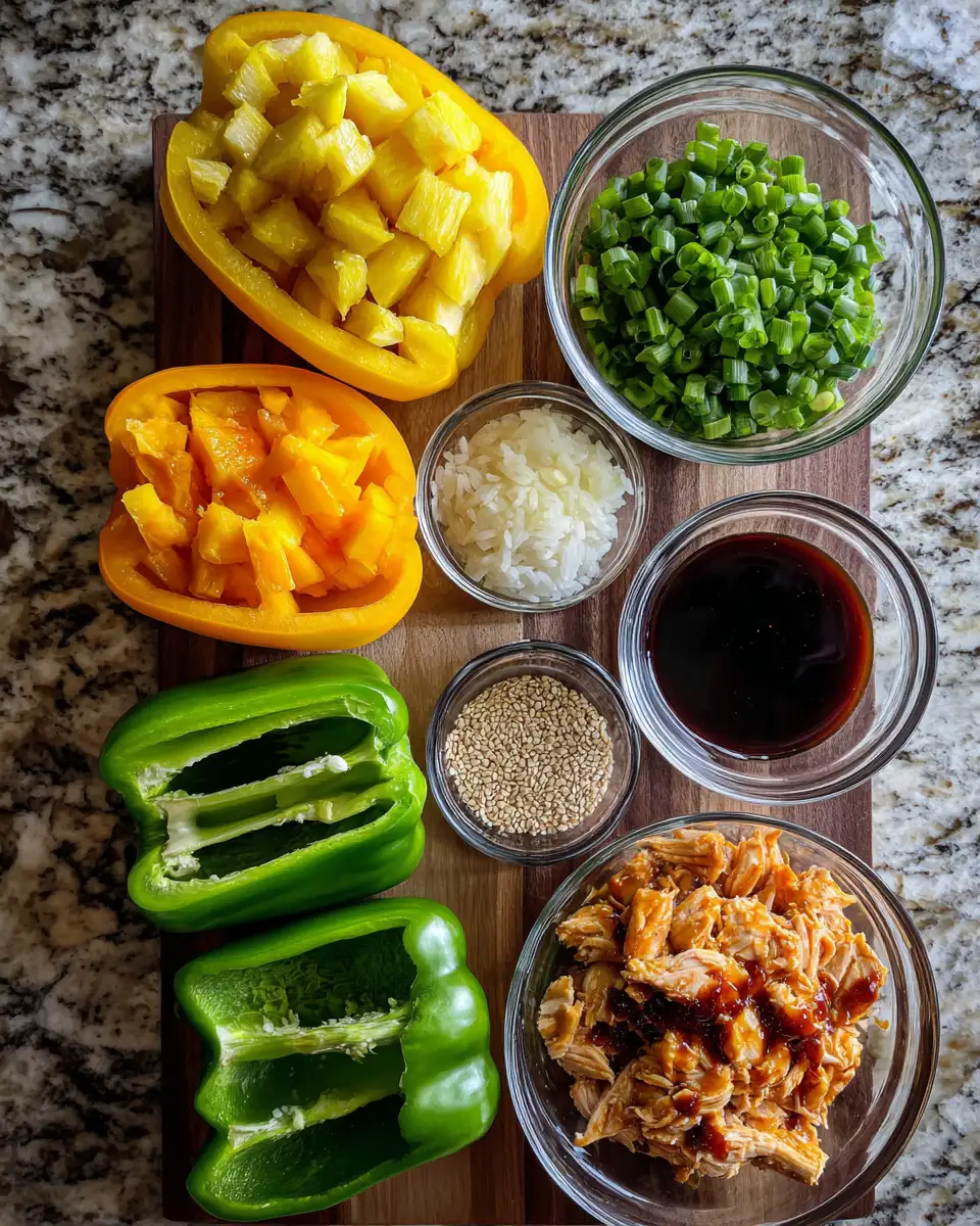 Tropical Twist: Teriyaki Pineapple Chicken Stuffed Peppers Delight 4 Ingredients for Tropical Twist: Teriyaki Pineapple Chicken Stuffed Peppers Delight