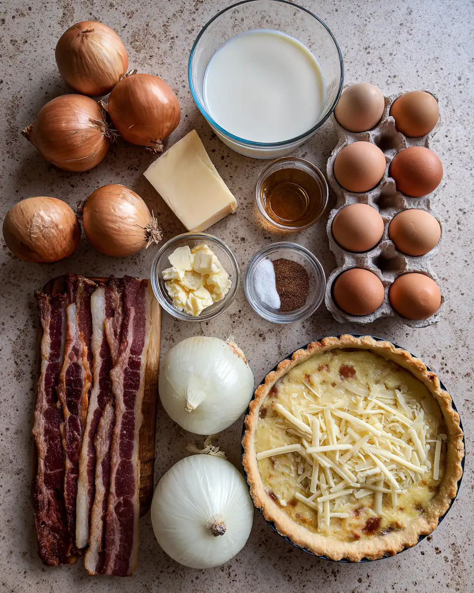 Ingredients for Indulge in the Ultimate Comfort: Caramelized Onion and Bacon Quiche Delight