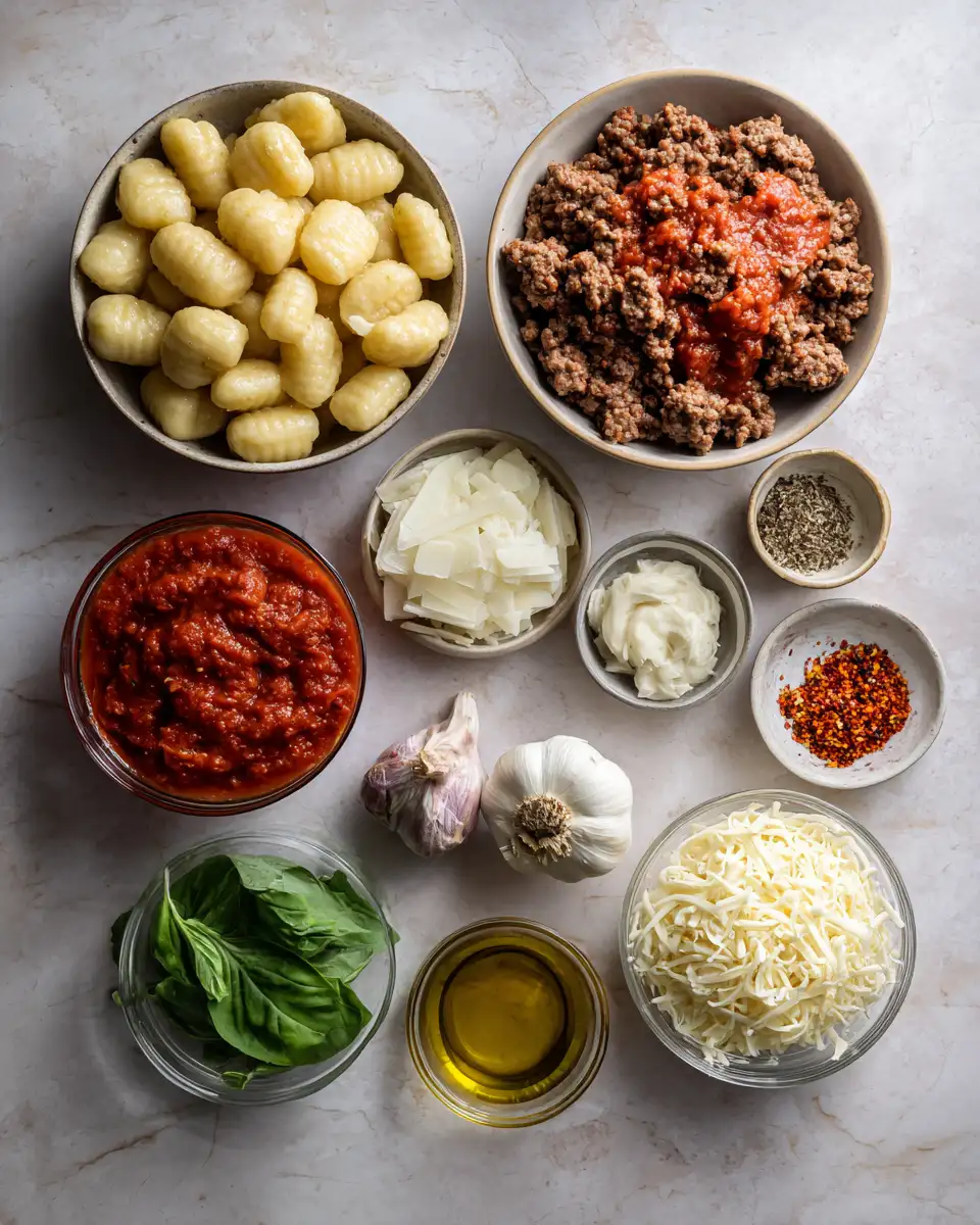 Ingredients for Irresistibly Cheesy Bolognese Gnocchi Bake: A Comfort Food Dream
