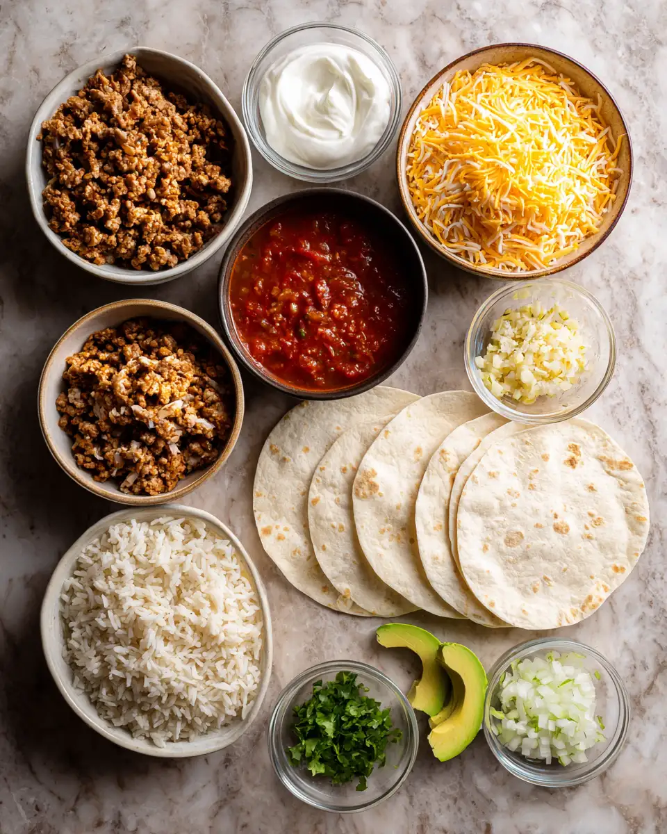 Ingredients for Ultimate Comfort: Cheesy Ground Chicken and Rice Burritos Delight