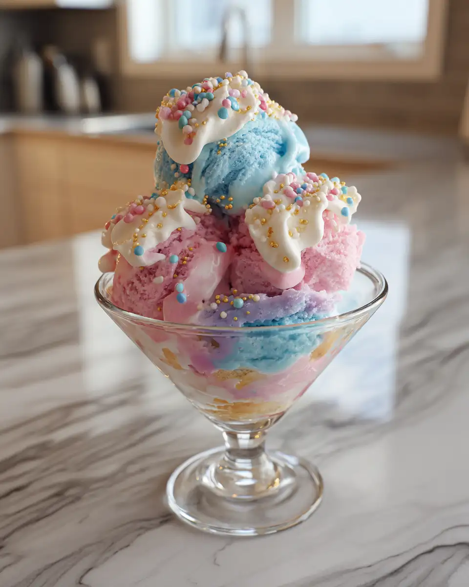 Final dish - Whirl into Sweet Bliss with the Ultimate Cotton Candy Ice Cream Sundae