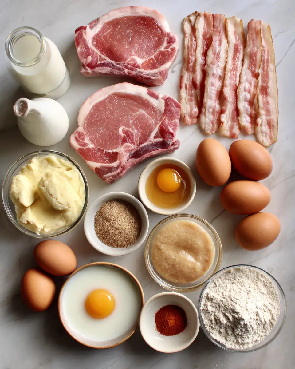 Sizzling Southern Delight: Country Fried Pork Chops with Bacon Gravy 4 Ingredients for Sizzling Southern Delight: Country Fried Pork Chops with Bacon Gravy