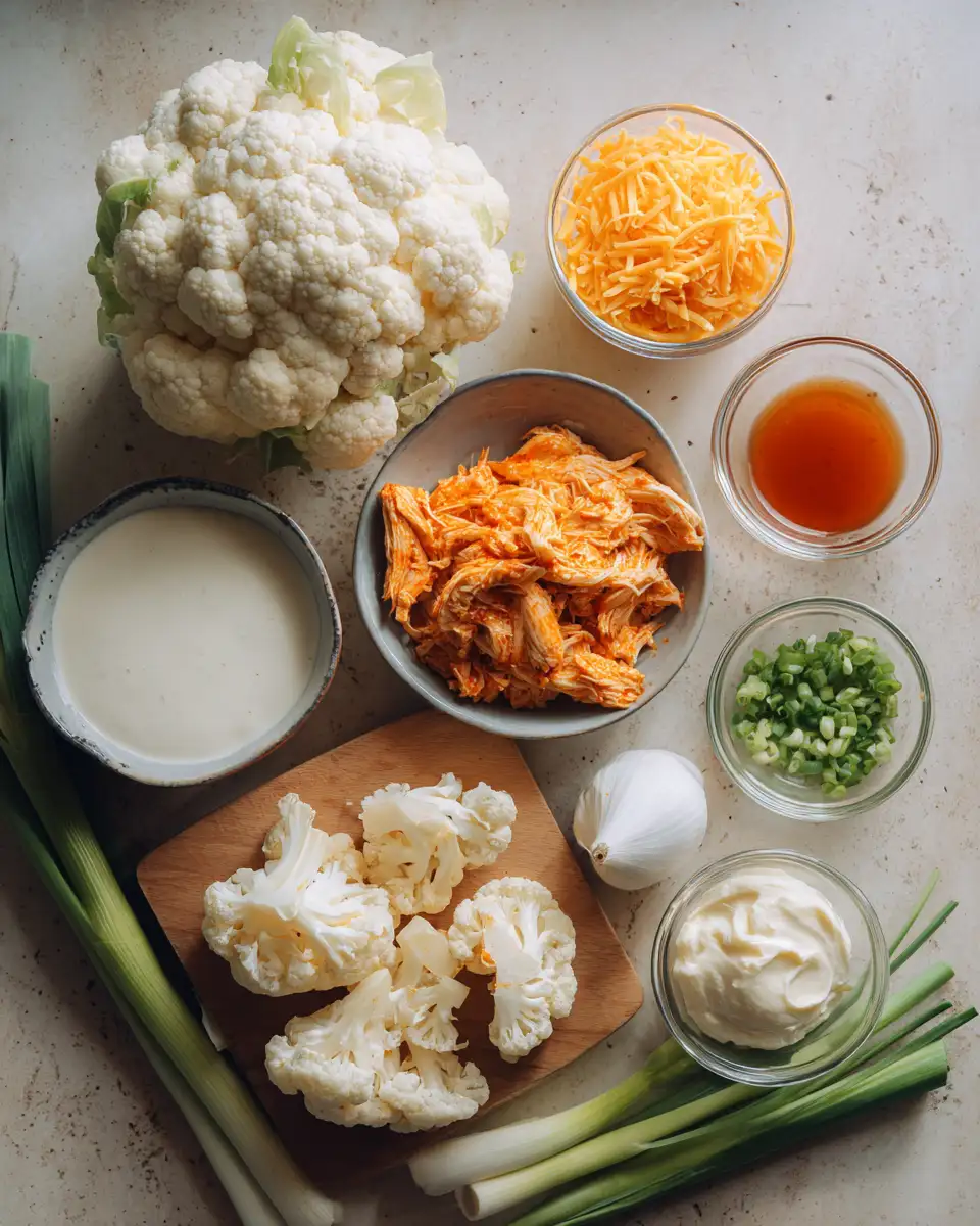 Indulge in Comfort: Creamy Buffalo Chicken Cauliflower Casserole Bliss 4 Ingredients for Indulge in Comfort: Creamy Buffalo Chicken Cauliflower Casserole Bliss