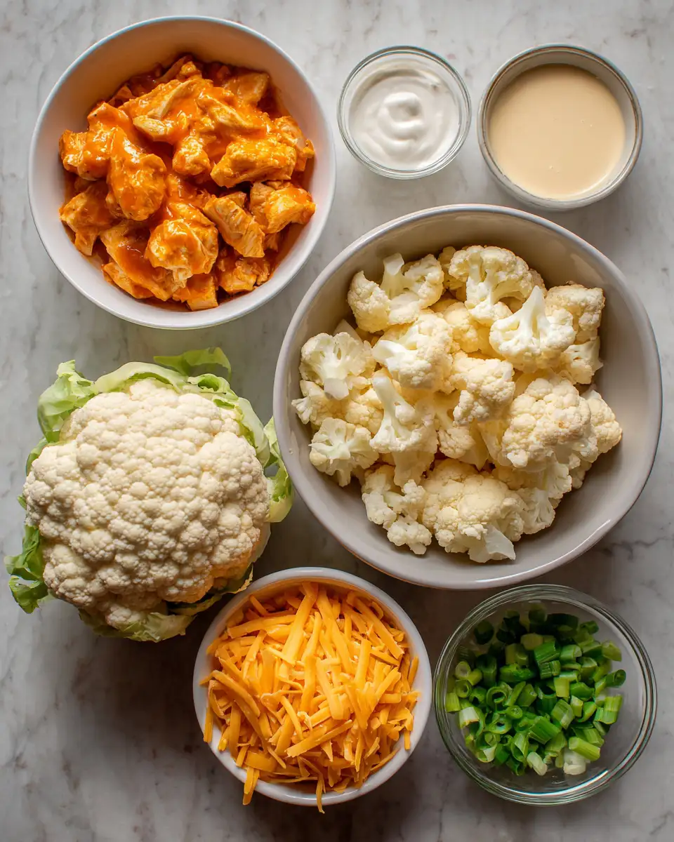 Ingredients for Irresistible Creamy Buffalo Chicken Cauliflower Casserole Delight